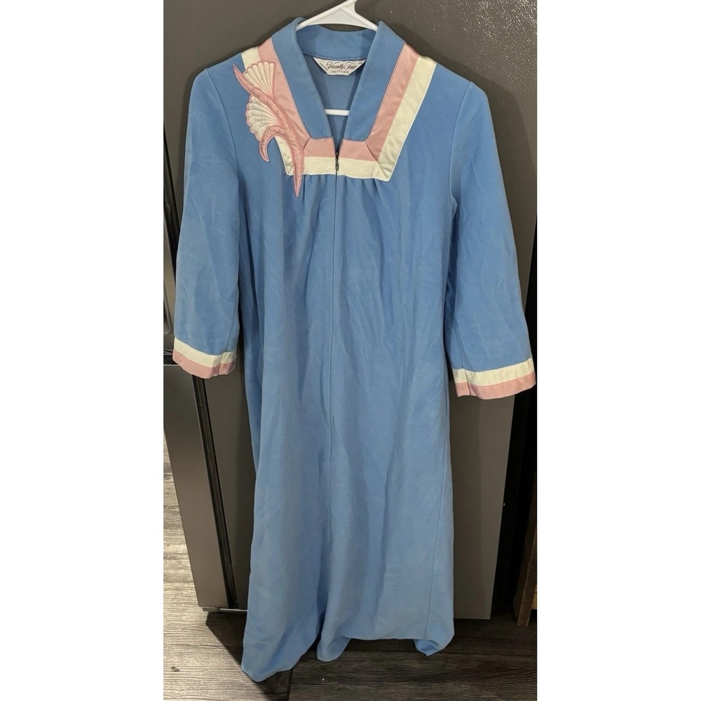 Vintage Velour Vanity Fair Blue Pink Zip Front Housecoat Robe XS Petite Pajama